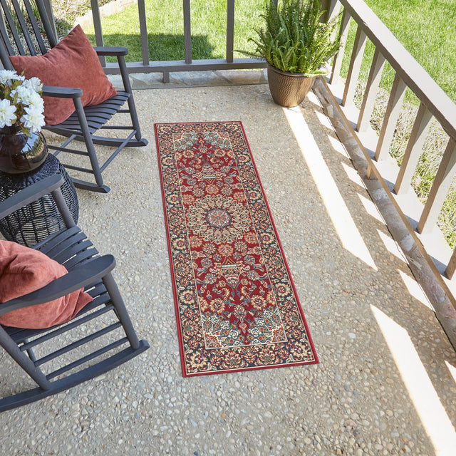 Red 2' 7 x 12' Outdoor Traditional Runner Area Rug Weather Resistant for Patio, Deck, Terrace, Balcony, Porch Classical Design Outside Carpet for Sale at Rug Engine