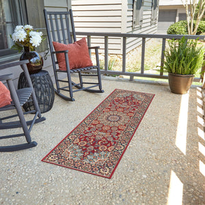 Red 2' 7 x 12' Outdoor Traditional Runner Area Rug Weather Resistant for Patio, Deck, Terrace, Balcony, Porch Classical Design Outside Carpet for Sale at Rug Engine