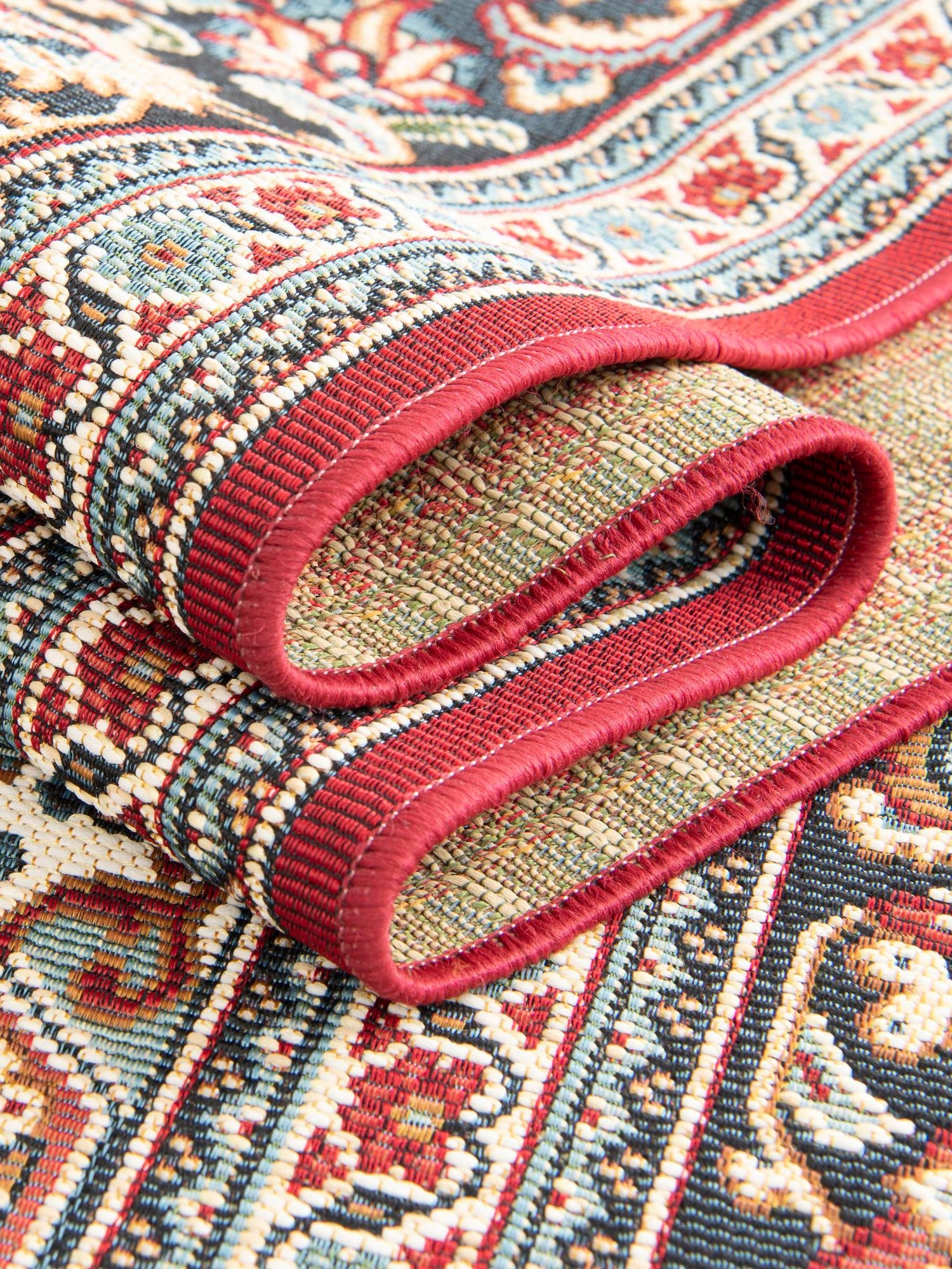 Red 6' 1 x 6' 1 Outdoor Traditional Round Area Rug Weather Resistant for Patio, Deck, Terrace, Balcony, Porch Classical Design Outside Carpet for Sale at Rug Engine