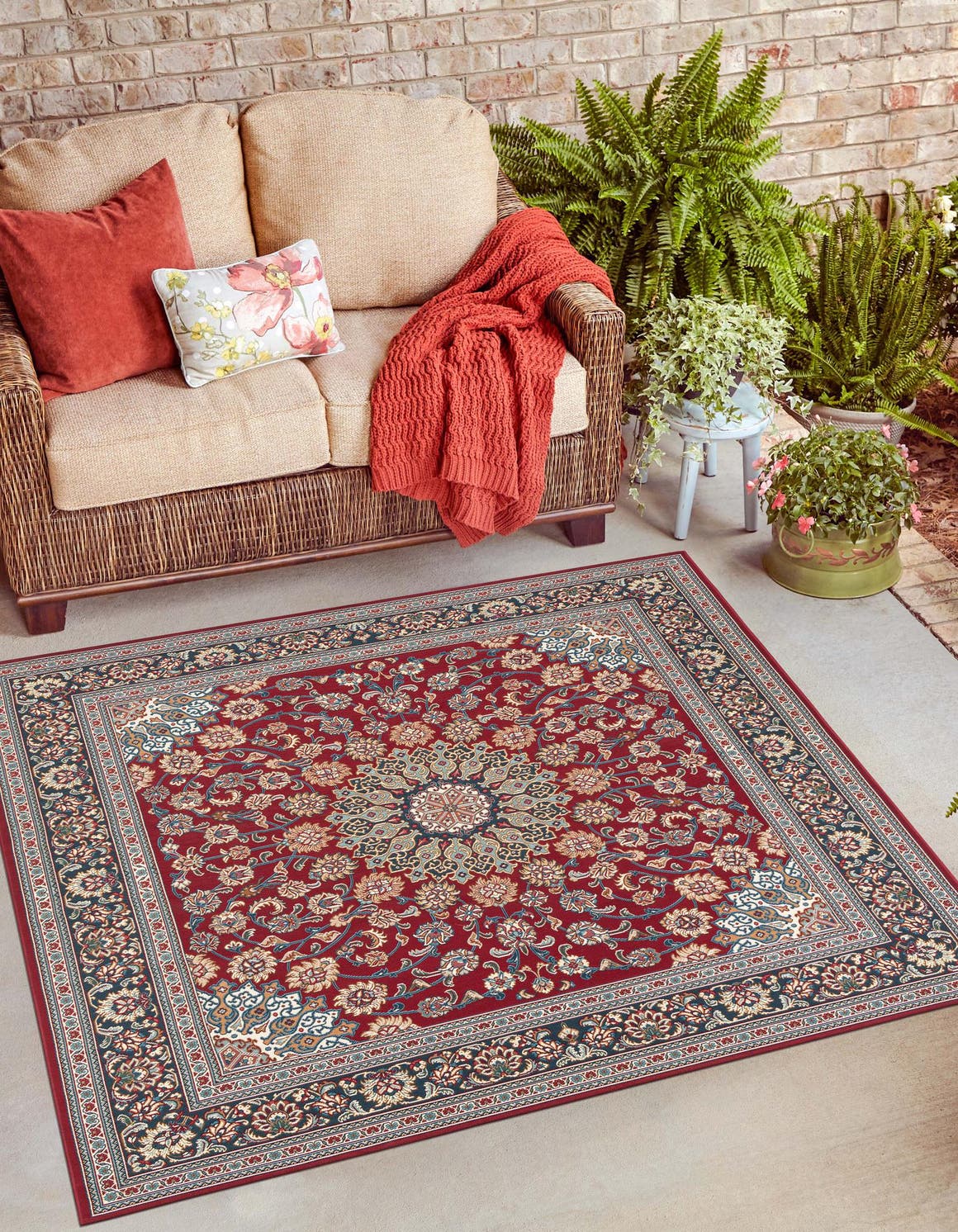 Red 7' 10 x 7' 10 Outdoor Traditional Square Area Rug Weather Resistant for Patio, Deck, Terrace, Balcony, Porch Classical Design Outside Carpet for Sale at Rug Engine