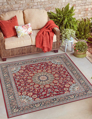 Red 7' 10 x 7' 10 Outdoor Traditional Square Area Rug Weather Resistant for Patio, Deck, Terrace, Balcony, Porch Classical Design Outside Carpet for Sale at Rug Engine