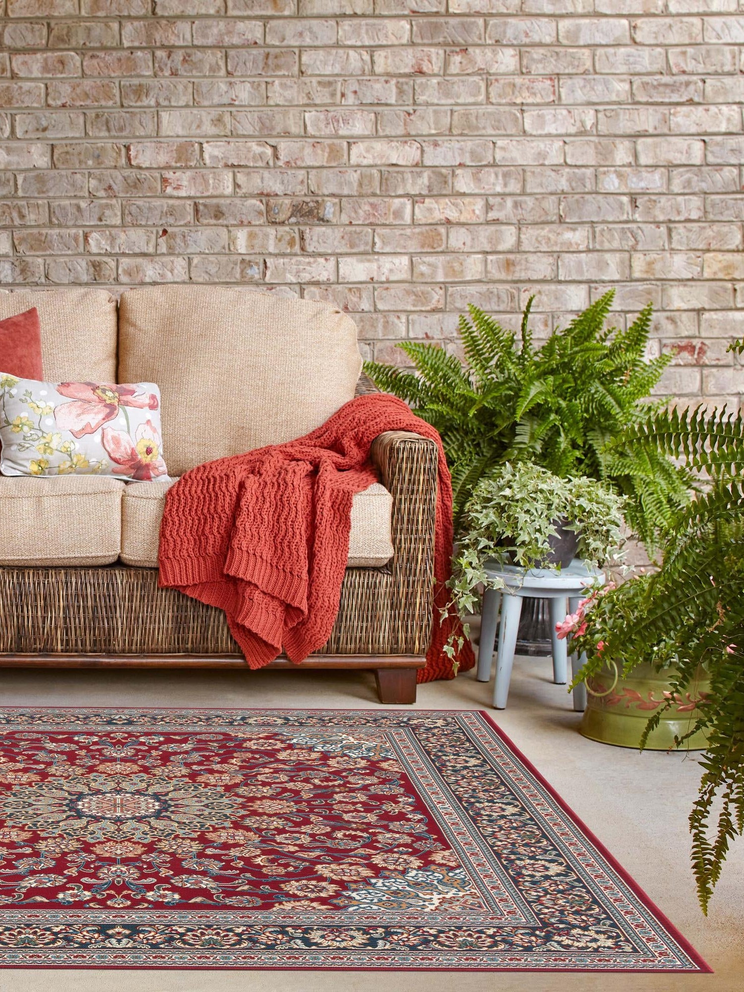 Red 7' 10 x 7' 10 Outdoor Traditional Square Area Rug Weather Resistant for Patio, Deck, Terrace, Balcony, Porch Classical Design Outside Carpet for Sale at Rug Engine