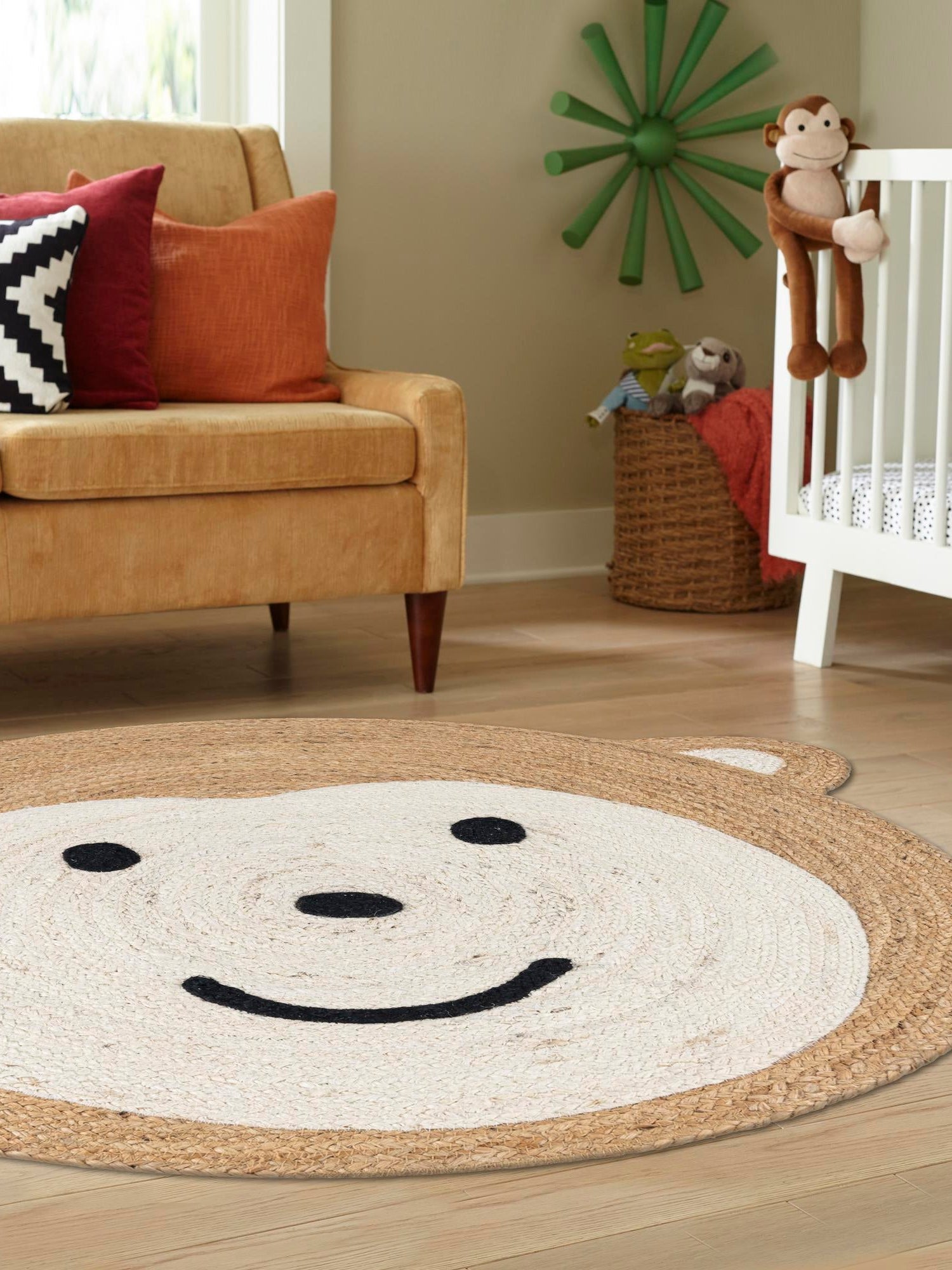 White and Natural 5' 1 x 5' 1 Kids Braided Jute Round Area Rug for Baby Nursery, Toddler Playroom,  Bedrooms All Natural Eco-Friendly Sustainable Carpet for Sale at Rug Engine