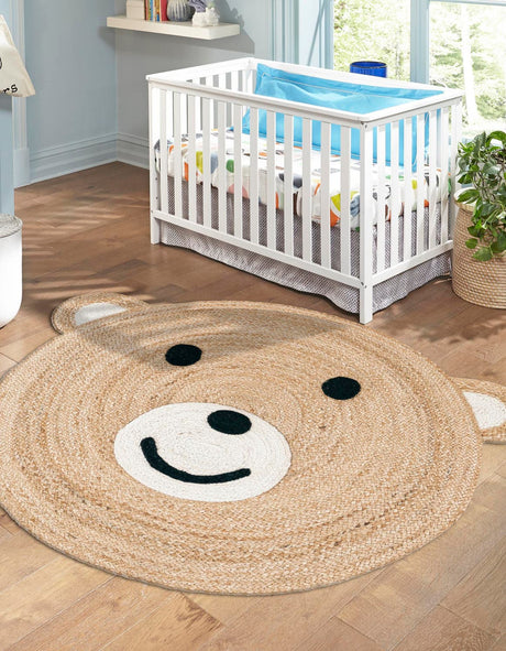 Natural and White 5' 1 x 5' 1 Kids Braided Jute Round Rug