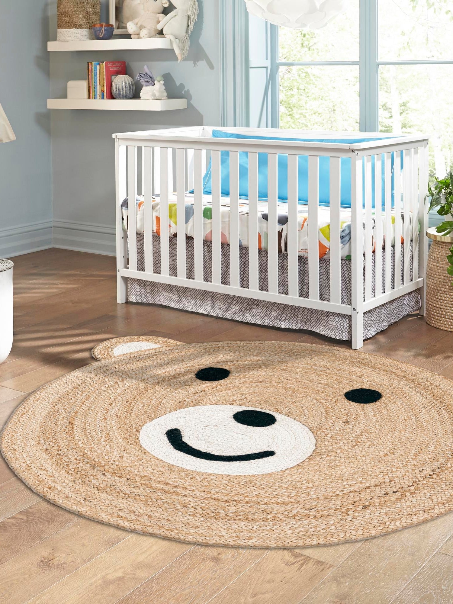 Natural and White 6' 1 x 6' 1 Kids Braided Jute Round Area Rug for Baby Nursery, Toddler Playroom,  Bedrooms All Natural Eco-Friendly Sustainable Carpet for Sale at Rug Engine