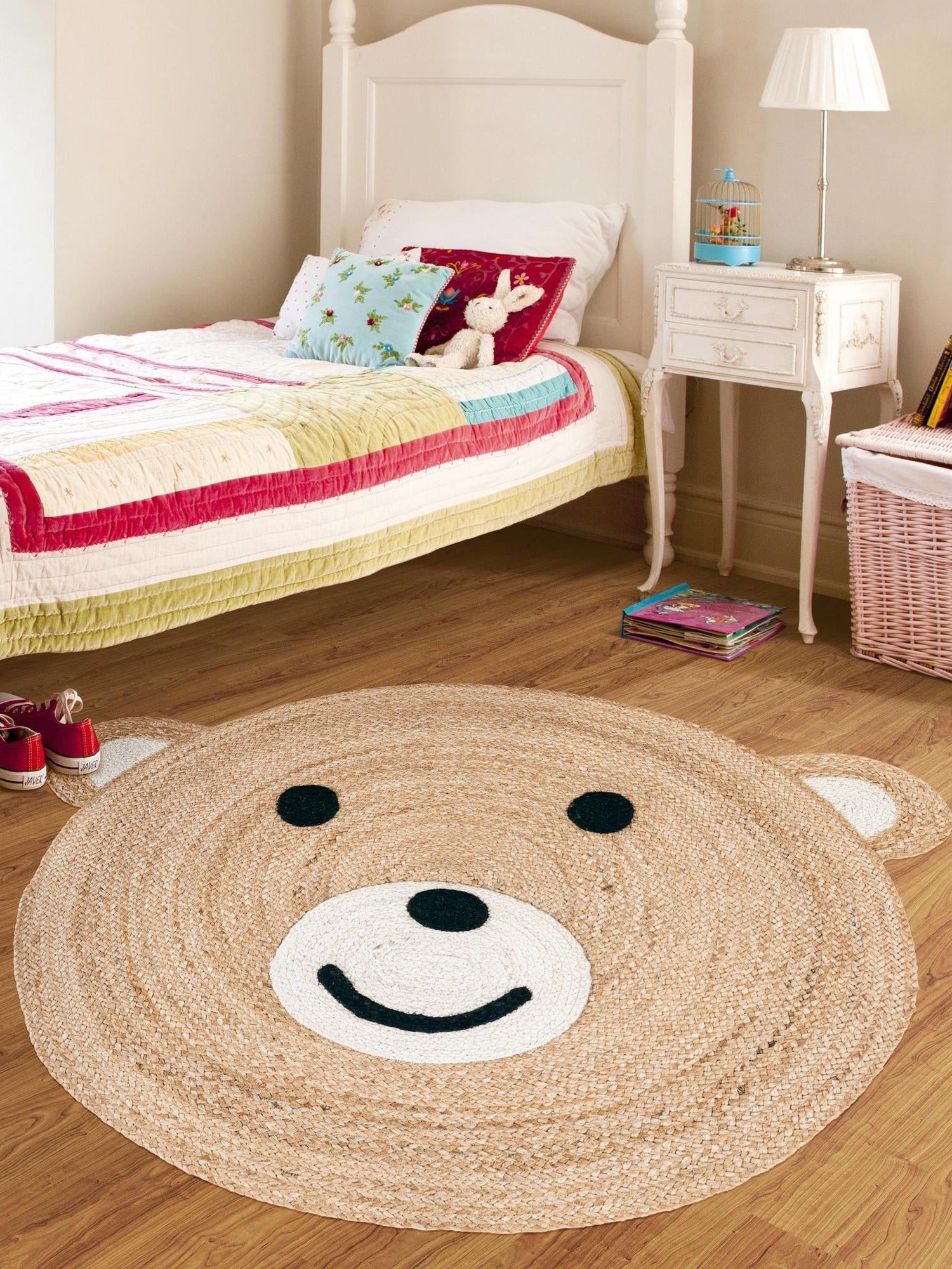 Natural and White 4' 1 x 4' 1 Kids Braided Jute Round Area Rug for Baby Nursery, Toddler Playroom,  Bedrooms All Natural Eco-Friendly Sustainable Carpet for Sale at Rug Engine