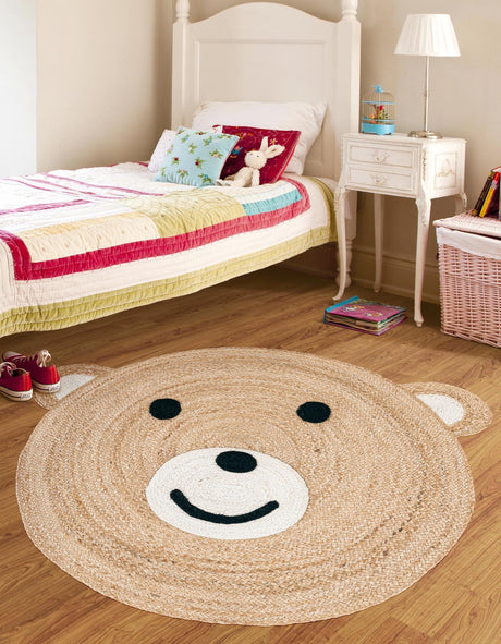 Natural and White 4' 1 x 4' 1 Kids Braided Jute Round Area Rug for Baby Nursery, Toddler Playroom,  Bedrooms All Natural Eco-Friendly Sustainable Carpet for Sale at Rug Engine