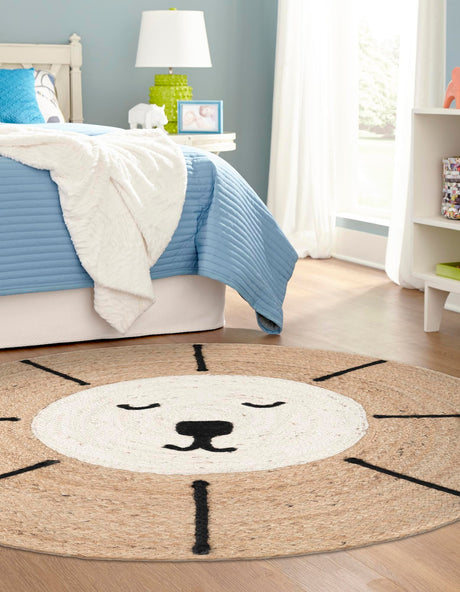 Natural and Ivory 5' 1 x 5' 1 Kids Braided Jute Round Area Rug for Baby Nursery, Toddler Playroom,  Bedrooms All Natural Eco-Friendly Sustainable Carpet for Sale at Rug Engine
