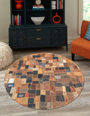 Black and Brown 10' x 10' Jean Leather Tag Round Area Rug Unique Modern Carpet With Cotton Backing for Living Rooms, Dining, Office, Bedrooms, Dorms for Sale at Rug Engine