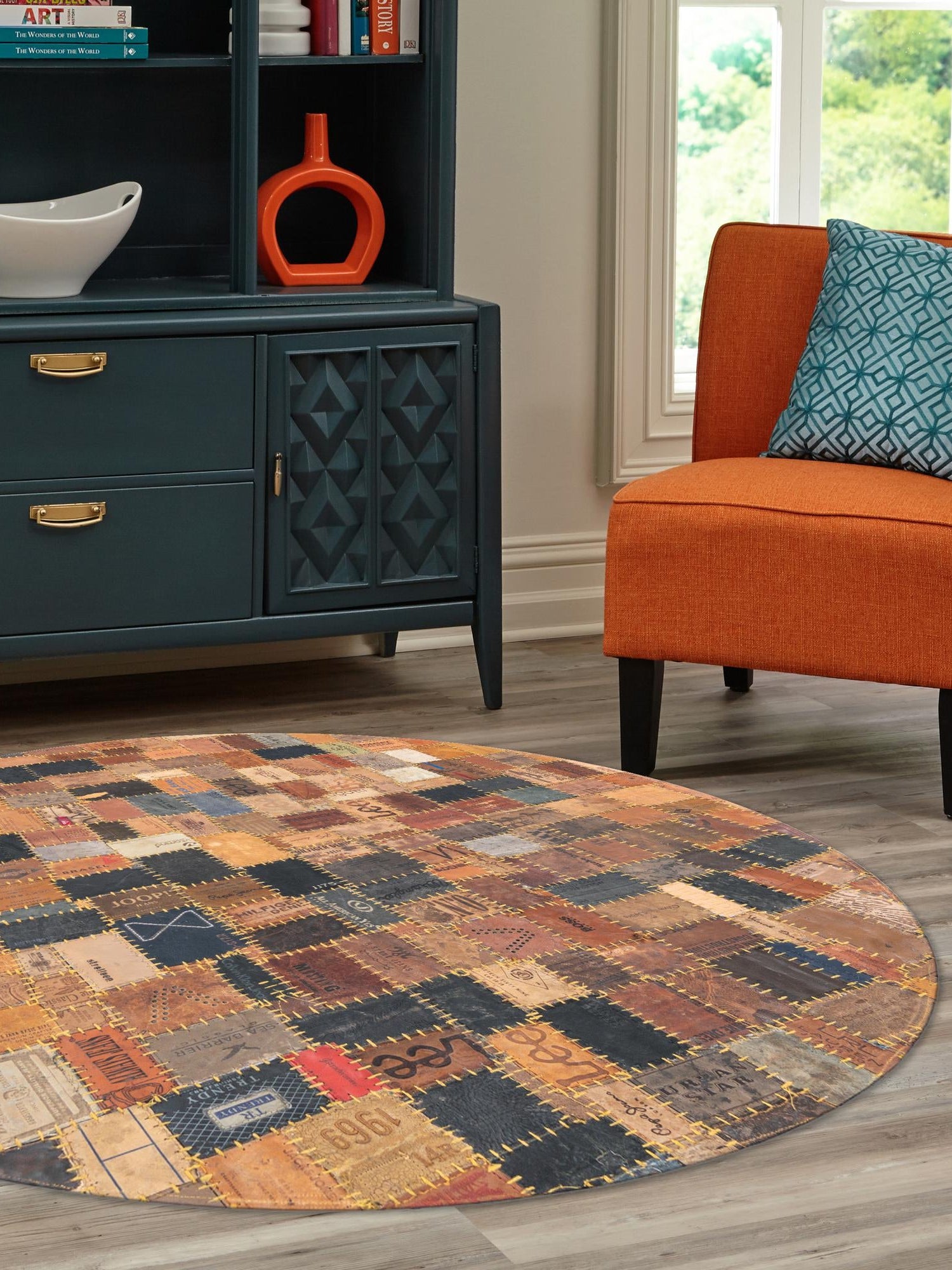 Black and Brown 5' 1 x 5' 1 Jean Leather Tag Round Area Rug Unique Modern Carpet With Cotton Backing for Living Rooms, Dining, Office, Bedrooms, Dorms for Sale at Rug Engine
