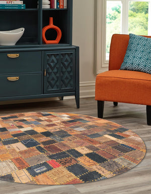 Black and Brown 4' 1 x 4' 1 Jean Leather Tag Round Area Rug Unique Modern Carpet With Cotton Backing for Living Rooms, Dining, Office, Bedrooms, Dorms for Sale at Rug Engine