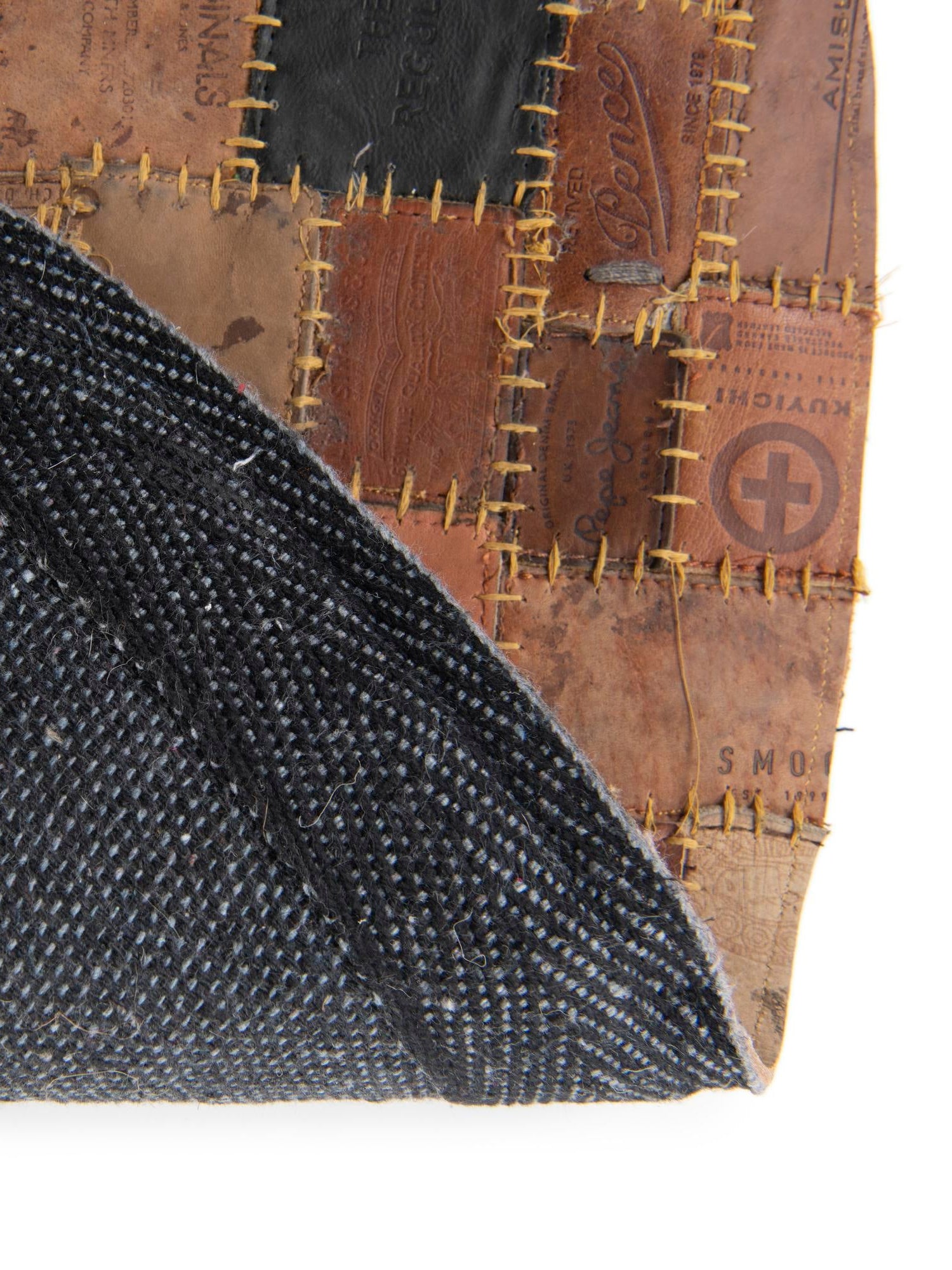 Black and Brown 5' 1 x 5' 1 Jean Leather Tag Round Area Rug Unique Modern Carpet With Cotton Backing for Living Rooms, Dining, Office, Bedrooms, Dorms for Sale at Rug Engine