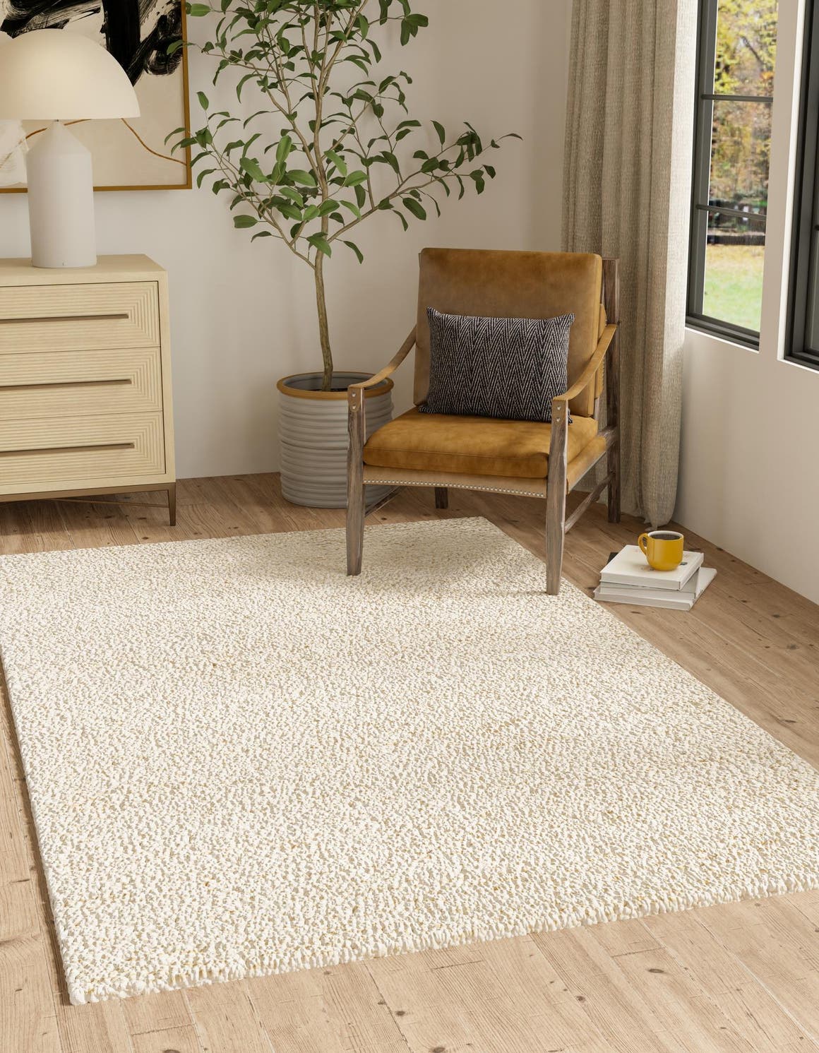 Moroccan Ivory 4' 1 x 6' 1 Haka Deluxe Shag Rectangle Area Rug Thick Soft Touch Fluffy & Plush Shaggy Pile Hand Woven New Zealand Wool Carpet for Sale at Rug Engine