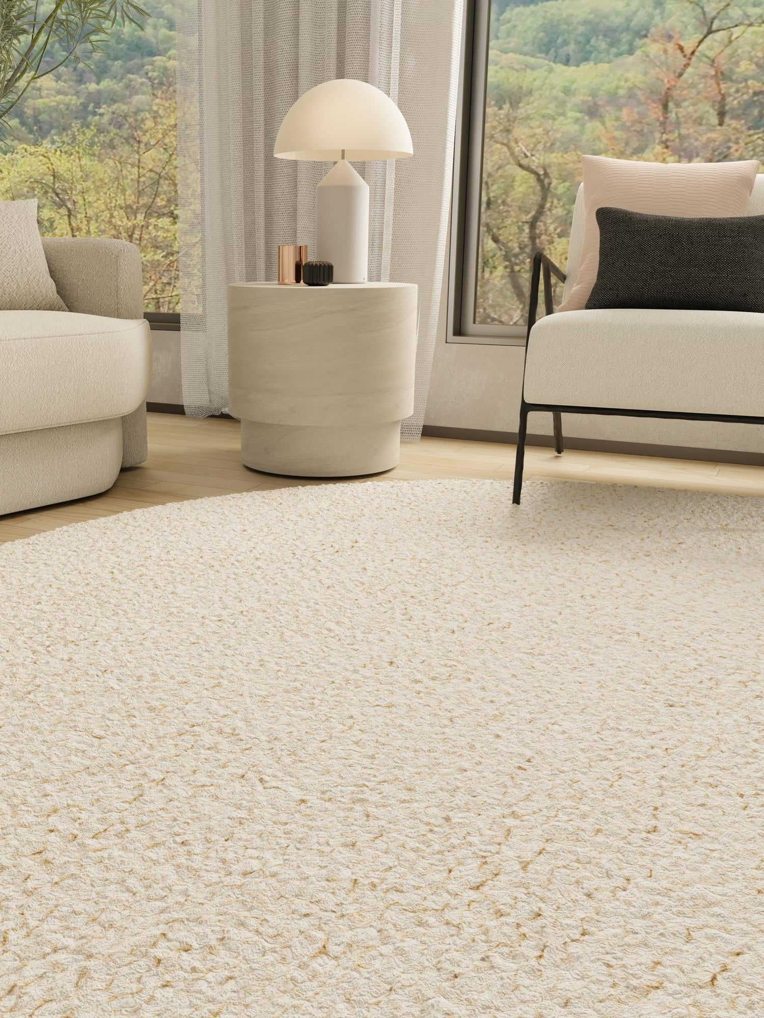 Moroccan Ivory 7' 10 x 7' 10 Haka Deluxe Shag Round Area Rug Thick Soft Touch Fluffy & Plush Shaggy Pile Hand Woven New Zealand Wool Carpet for Sale at Rug Engine