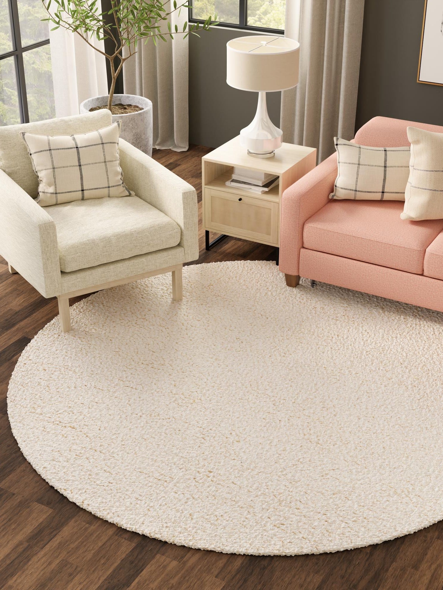 Moroccan Ivory 7' 10 x 7' 10 Haka Deluxe Shag Round Area Rug Thick Soft Touch Fluffy & Plush Shaggy Pile Hand Woven New Zealand Wool Carpet for Sale at Rug Engine
