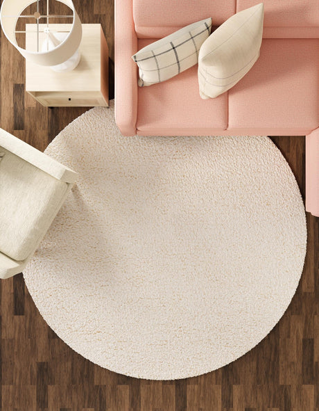 Moroccan Ivory 7' 10 x 7' 10 Haka Deluxe Shag Round Area Rug Thick Soft Touch Fluffy & Plush Shaggy Pile Hand Woven New Zealand Wool Carpet for Sale at Rug Engine