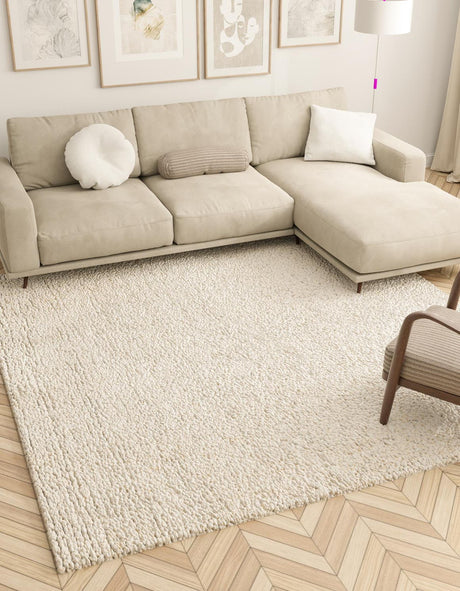 Moroccan Ivory 10' x 10' Haka Deluxe Shag Square Area Rug Thick Soft Touch Fluffy & Plush Shaggy Pile Hand Woven New Zealand Wool Carpet for Sale at Rug Engine
