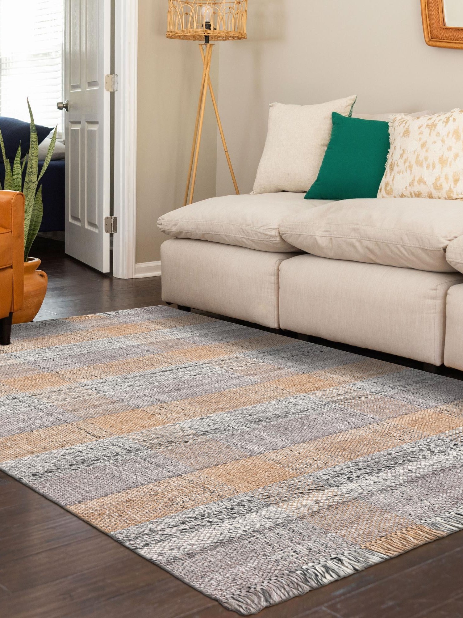 Washable Desert Gray 4' 1 x 6' 1 Eco Plaid Indoor Outdoor Washable Rectangle Area Rug Easy to Clean Stain Resistant & Durable Weather Resistant for Patio, Deck, Terrace, Balcony, Porch 100% Recycled Plastic Bottles Carpet Mat for Sale at Rug Engine