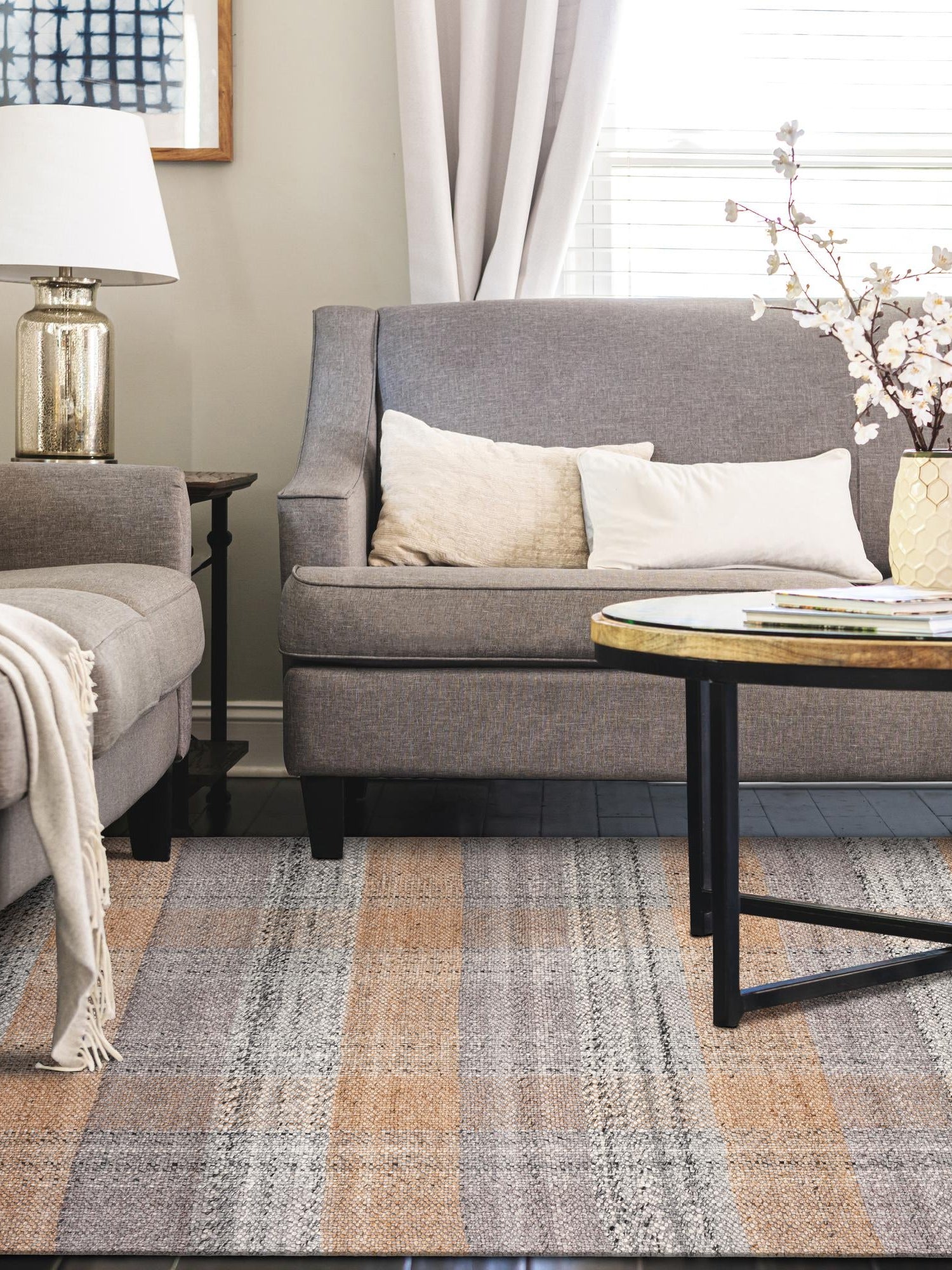 Washable Desert Gray 4' 1 x 6' 1 Eco Plaid Indoor Outdoor Washable Rectangle Area Rug Easy to Clean Stain Resistant & Durable Weather Resistant for Patio, Deck, Terrace, Balcony, Porch 100% Recycled Plastic Bottles Carpet Mat for Sale at Rug Engine