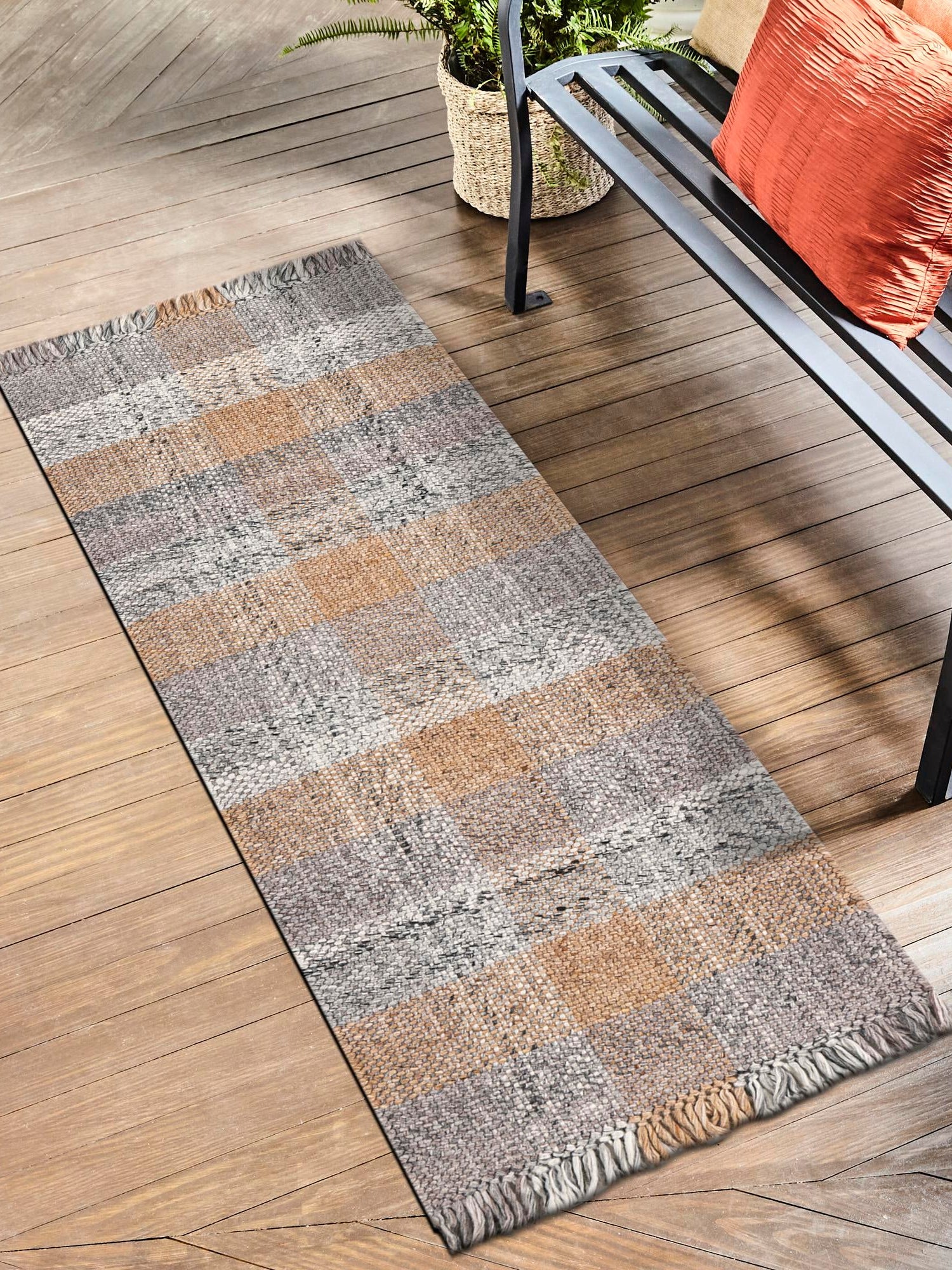 Washable Desert Gray 2' 7 x 10' Eco Plaid Indoor Outdoor Washable Runner Area Rug Easy to Clean Stain Resistant & Durable Weather Resistant for Patio, Deck, Terrace, Balcony, Porch 100% Recycled Plastic Bottles Carpet Mat for Sale at Rug Engine