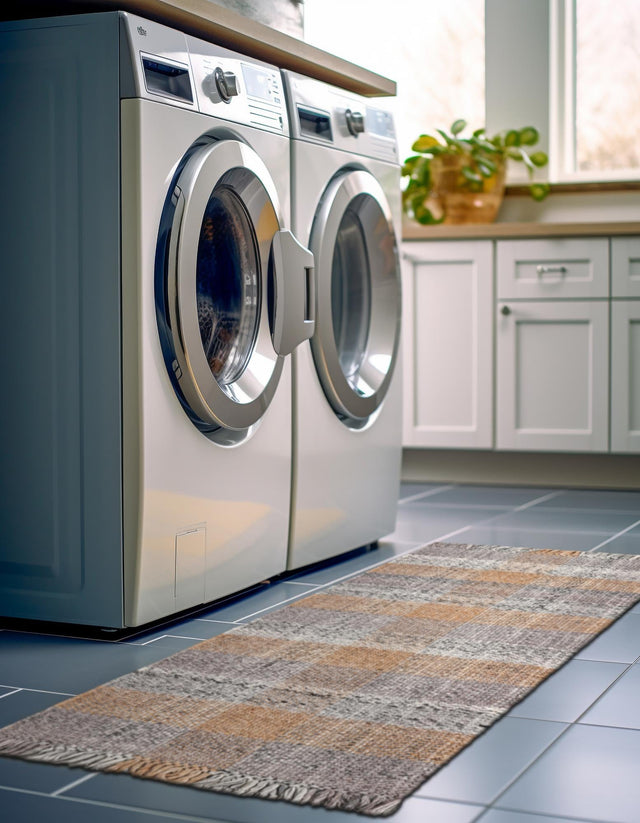 Washable Desert Gray 2' x 8' Eco Plaid Indoor Outdoor Washable Runner Area Rug Easy to Clean Stain Resistant & Durable Weather Resistant for Patio, Deck, Terrace, Balcony, Porch 100% Recycled Plastic Bottles Carpet Mat for Sale at Rug Engine
