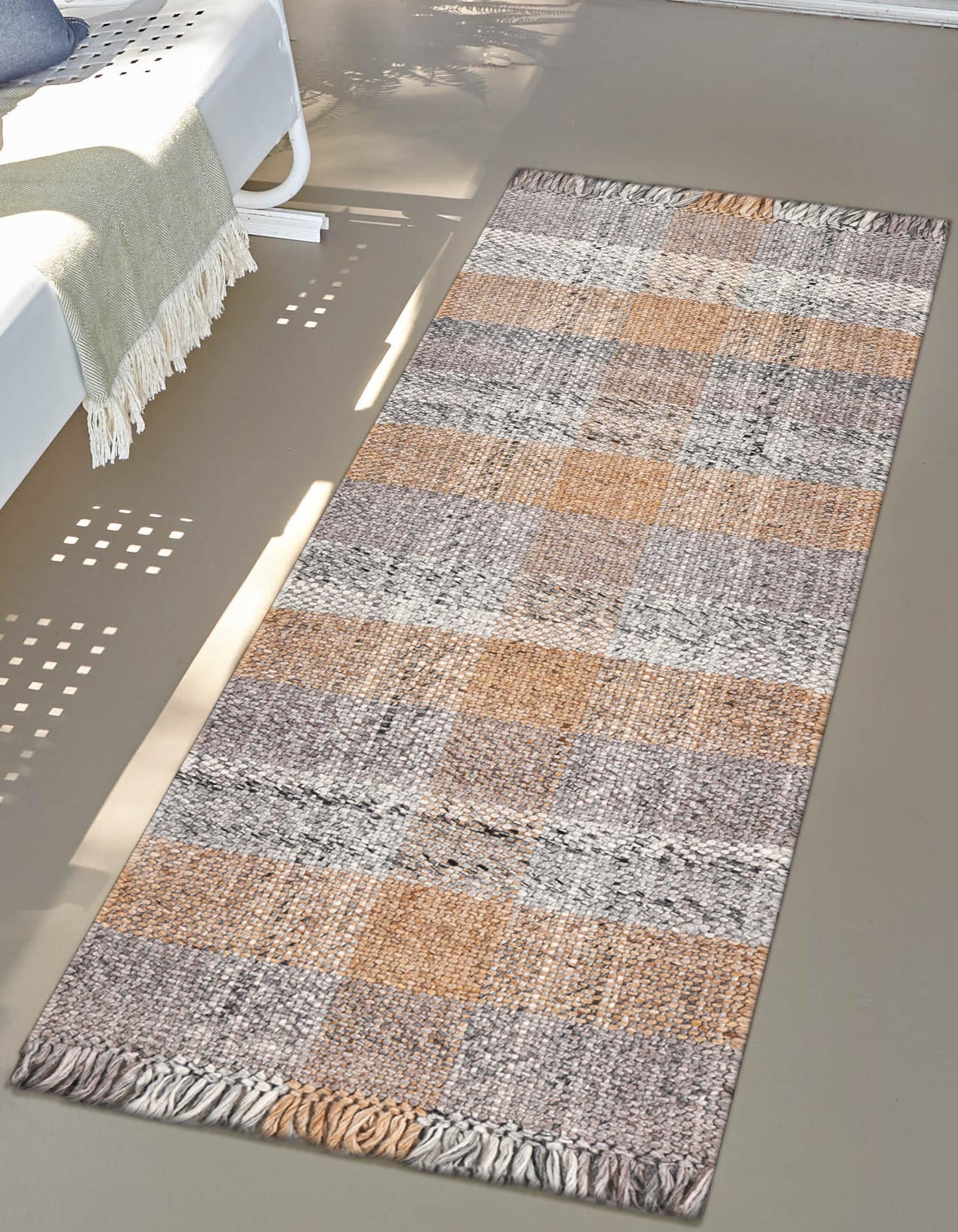 Washable Desert Gray 2' 7 x 10' Eco Plaid Indoor Outdoor Washable Runner Area Rug Easy to Clean Stain Resistant & Durable Weather Resistant for Patio, Deck, Terrace, Balcony, Porch 100% Recycled Plastic Bottles Carpet Mat for Sale at Rug Engine