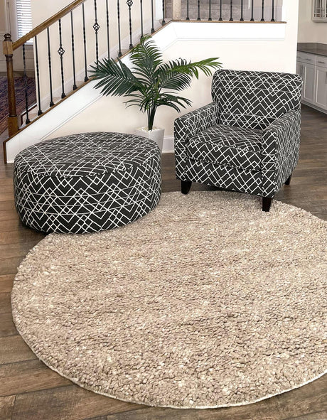 Taupe 4' 1 x 4' 1 Haka Deluxe Shag Round Area Rug Thick Soft Touch Fluffy & Plush Shaggy Pile Hand Woven New Zealand Wool Carpet for Sale at Rug Engine