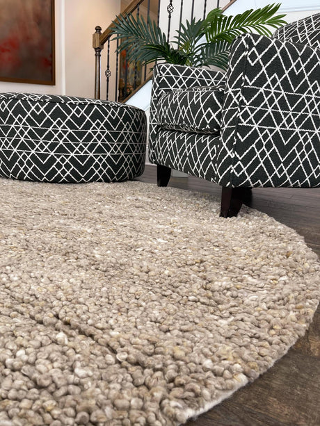 Taupe 4' 1 x 4' 1 Haka Deluxe Shag Round Area Rug Thick Soft Touch Fluffy & Plush Shaggy Pile Hand Woven New Zealand Wool Carpet for Sale at Rug Engine