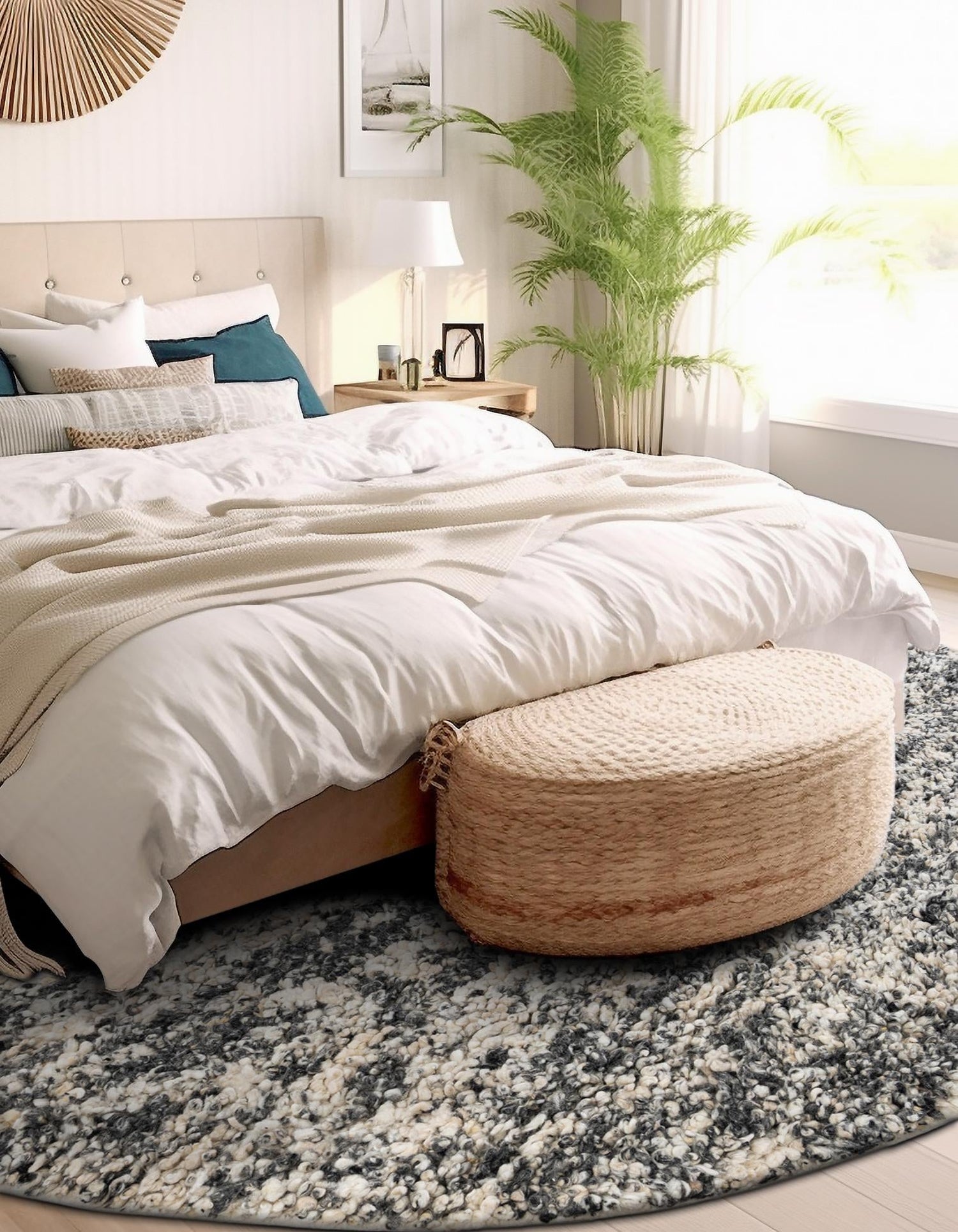 Salt and Pepper 7' 10 x 7' 10 Haka Deluxe Shag Round Area Rug Thick Soft Touch Fluffy & Plush Shaggy Pile Hand Woven New Zealand Wool Carpet for Sale at Rug Engine