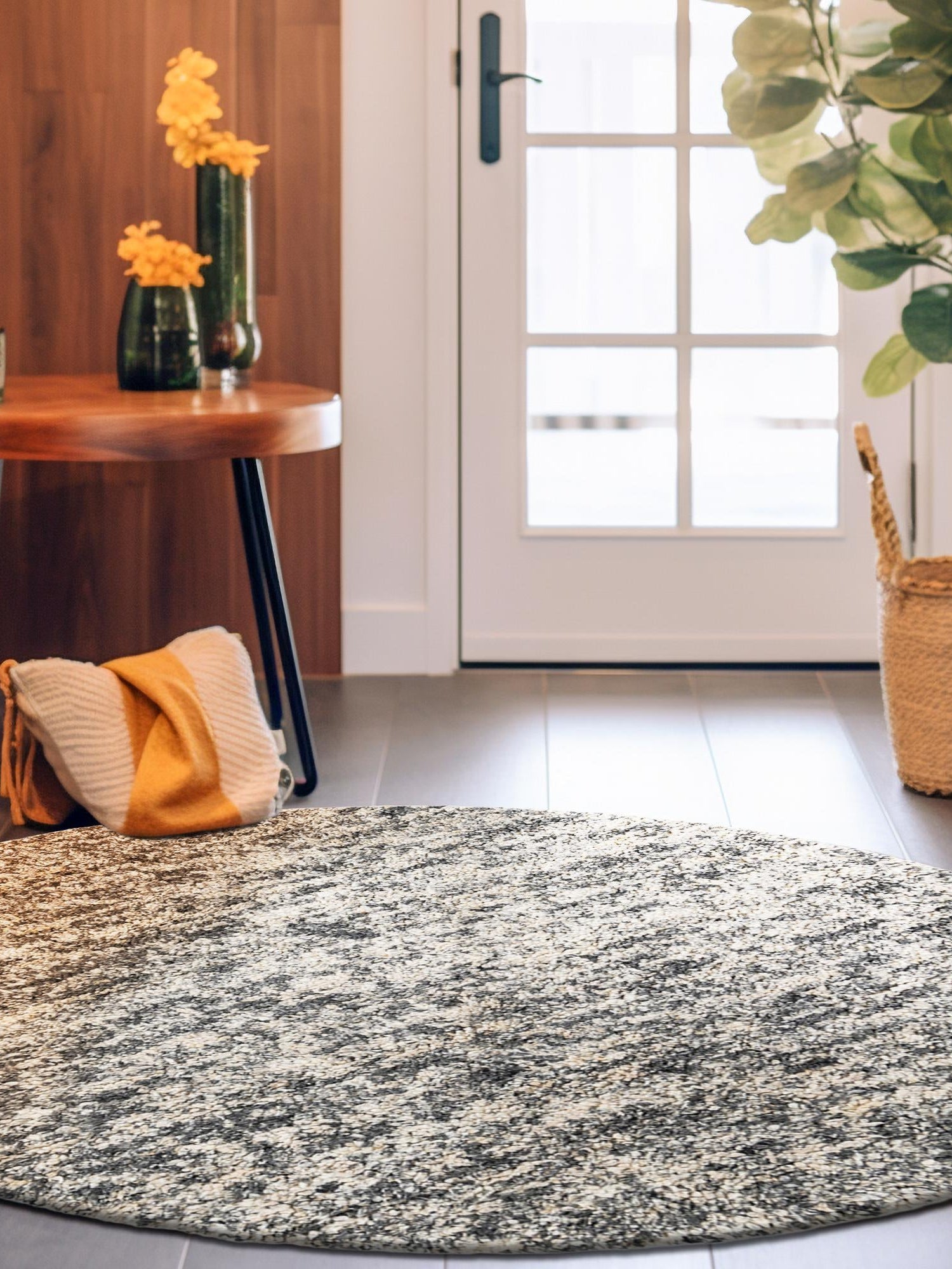 Salt and Pepper 4' 1 x 4' 1 Haka Deluxe Shag Round Area Rug Thick Soft Touch Fluffy & Plush Shaggy Pile Hand Woven New Zealand Wool Carpet for Sale at Rug Engine