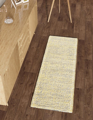 Yellow and Navy 2' 7 x 10' Seaside Pearl Jute Runner Area Rug 60% Jute & 40% Wool All Natural Coastal Mood Carpet for Eco Friendly Home Interior Design for Sale at Rug Engine