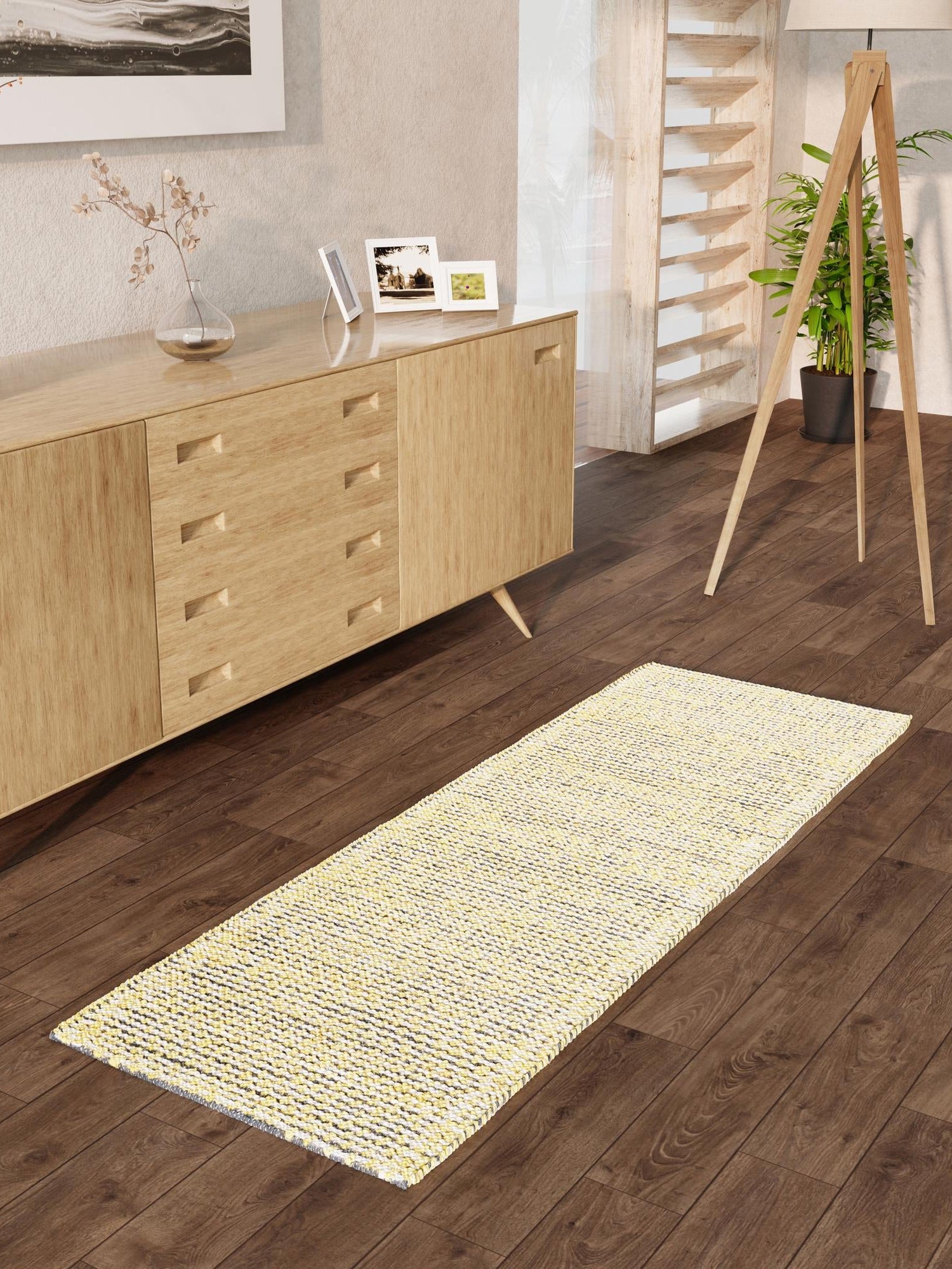 Yellow and Navy 2' x 8' Seaside Pearl Jute Runner Area Rug 60% Jute & 40% Wool All Natural Coastal Mood Carpet for Eco Friendly Home Interior Design for Sale at Rug Engine