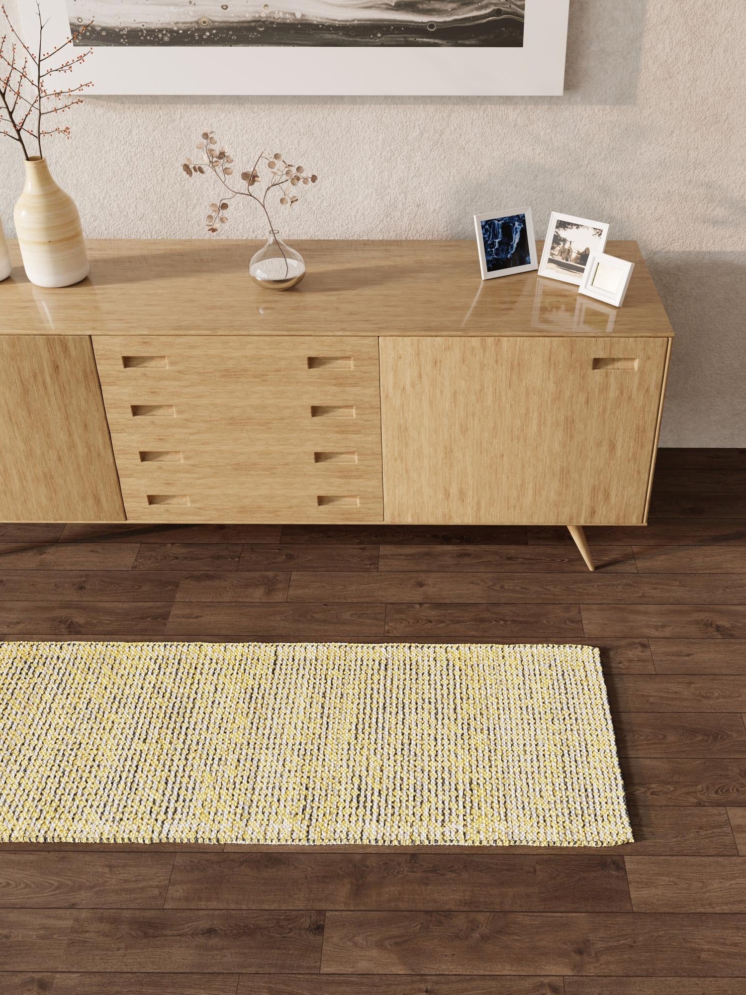 Yellow and Navy 2' 7 x 10' Seaside Pearl Jute Runner Area Rug 60% Jute & 40% Wool All Natural Coastal Mood Carpet for Eco Friendly Home Interior Design for Sale at Rug Engine