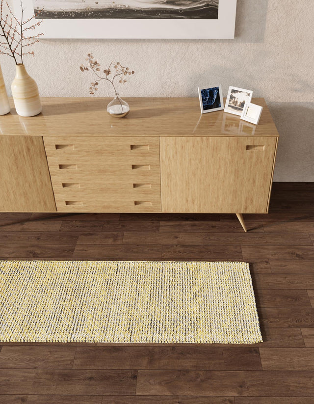 Yellow and Navy 2' 7 x 10' Seaside Pearl Jute Runner Area Rug 60% Jute & 40% Wool All Natural Coastal Mood Carpet for Eco Friendly Home Interior Design for Sale at Rug Engine