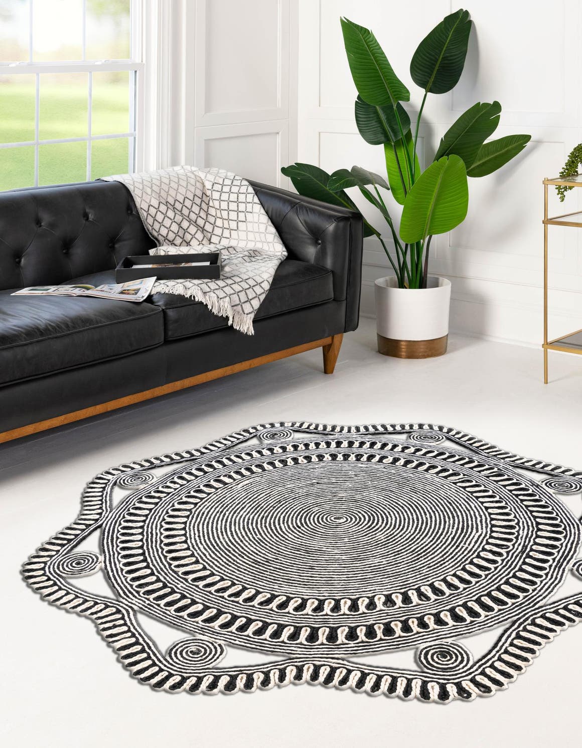 Black and White 2' x 2' Braided Jute Round Area Rug 100% Jute Hand Braided Natural Eco-Friendly Boho Style Carpet for Living Rooms Dining Office Space Dorms for Sale at Rug Engine