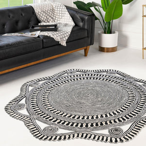 Black and White 5' 1 x 5' 1 Braided Jute Round Rug