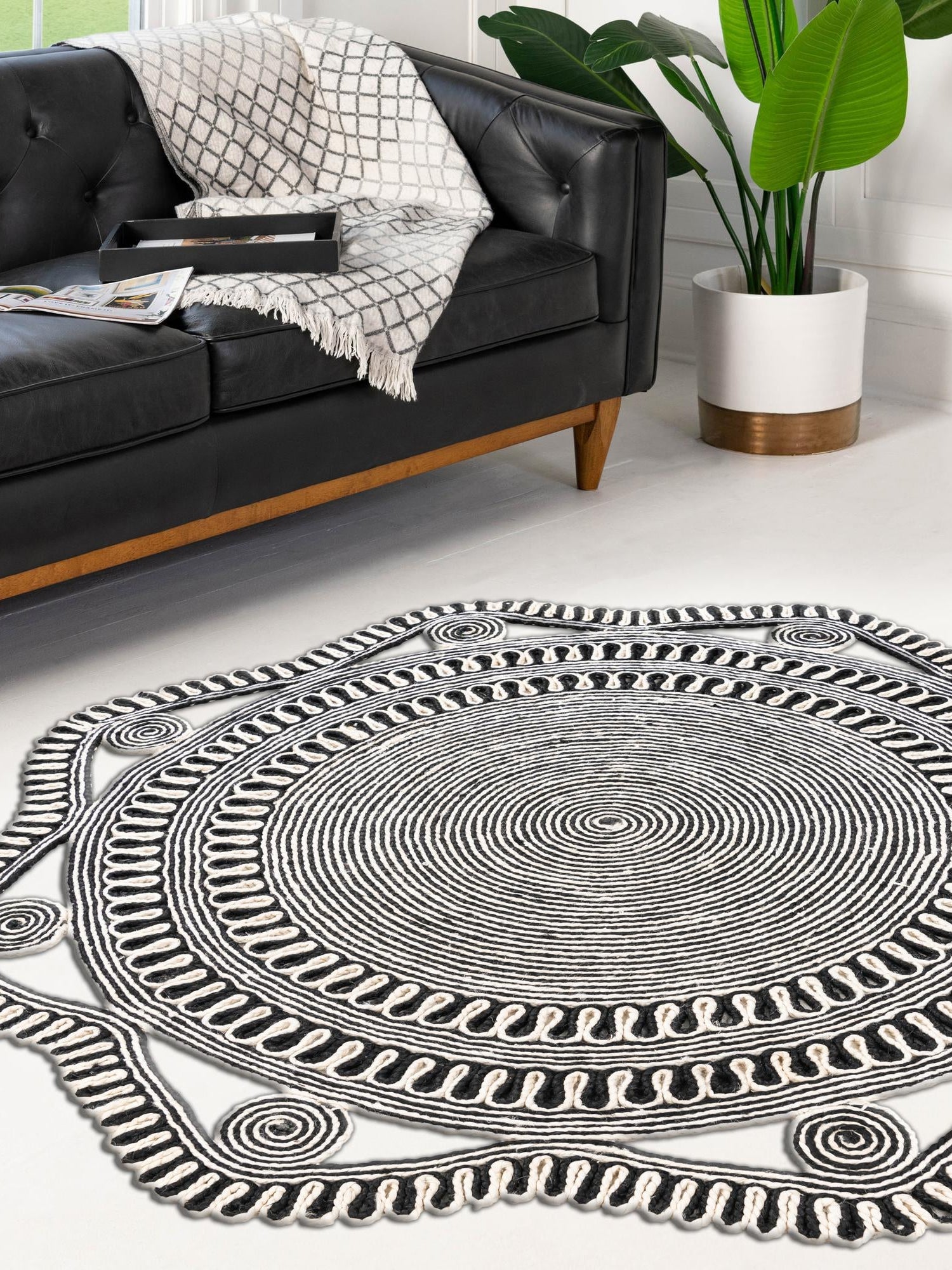 Black and White 3' 1 x 3' 1 Braided Jute Round Area Rug 100% Jute Hand Braided Natural Eco-Friendly Boho Style Carpet for Living Rooms Dining Office Space Dorms for Sale at Rug Engine