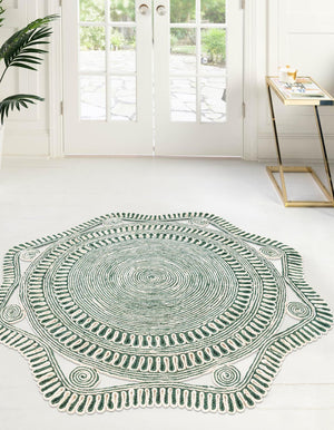 Green and White 5' 1 x 5' 1 Braided Jute Round Rug