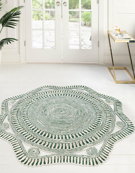 Green and White 5' 1 x 5' 1 Braided Jute Round Rug