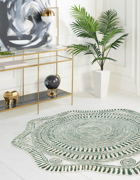 Green and White 2' x 2' Braided Jute Round Rug