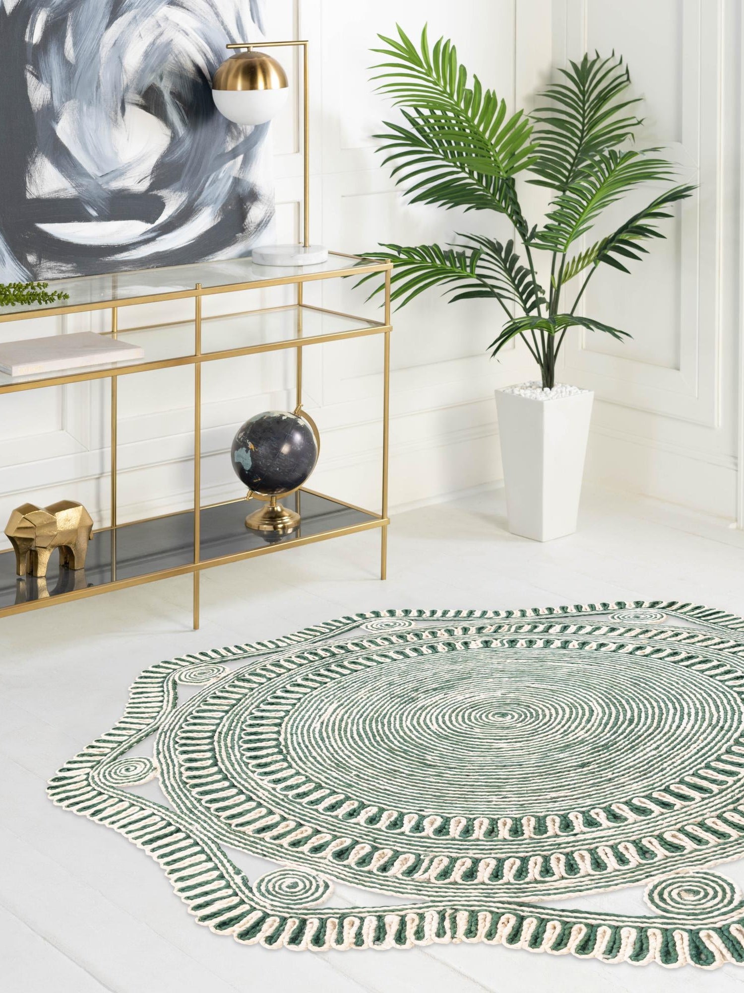 Green and White 6' 1 x 6' 1 Braided Jute Round Area Rug 100% Jute Hand Braided Natural Eco-Friendly Boho Style Carpet for Living Rooms Dining Office Space Dorms for Sale at Rug Engine