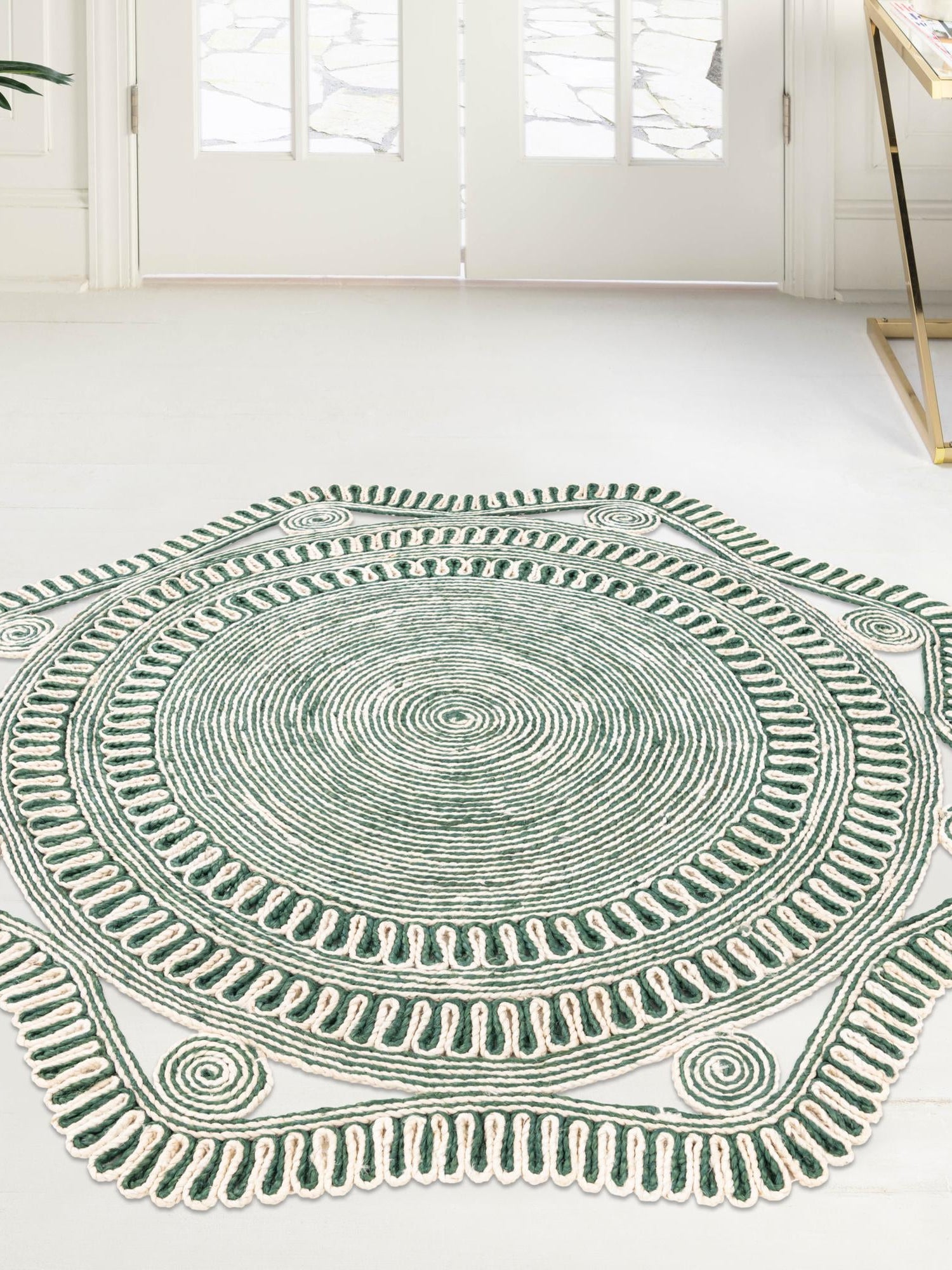 Green and White 6' 1 x 6' 1 Braided Jute Round Area Rug 100% Jute Hand Braided Natural Eco-Friendly Boho Style Carpet for Living Rooms Dining Office Space Dorms for Sale at Rug Engine