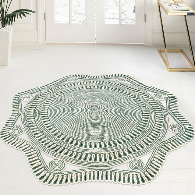 Green and White 10' x 10' Braided Jute Round Rug