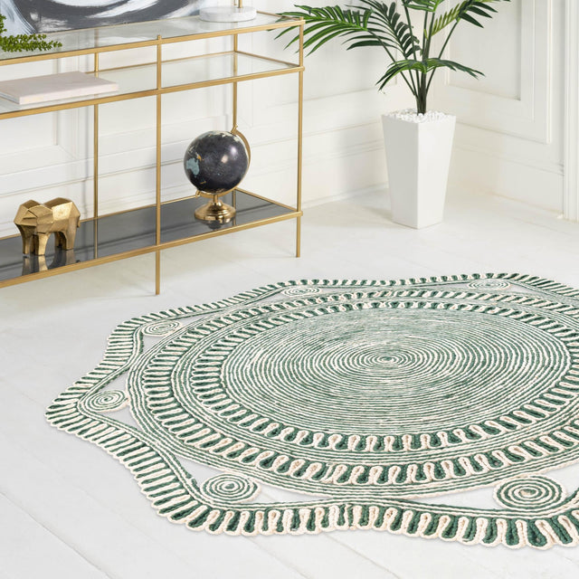 Green and White 5' 1 x 5' 1 Braided Jute Round Rug