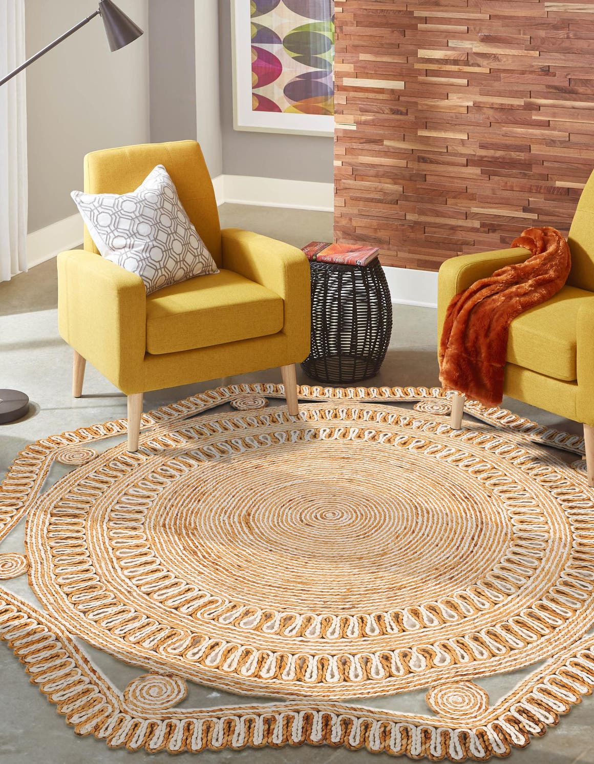Natural and White 5' 1 x 5' 1 Braided Jute Round Area Rug 100% Jute Hand Braided Natural Eco-Friendly Boho Style Carpet for Living Rooms Dining Office Space Dorms for Sale at Rug Engine