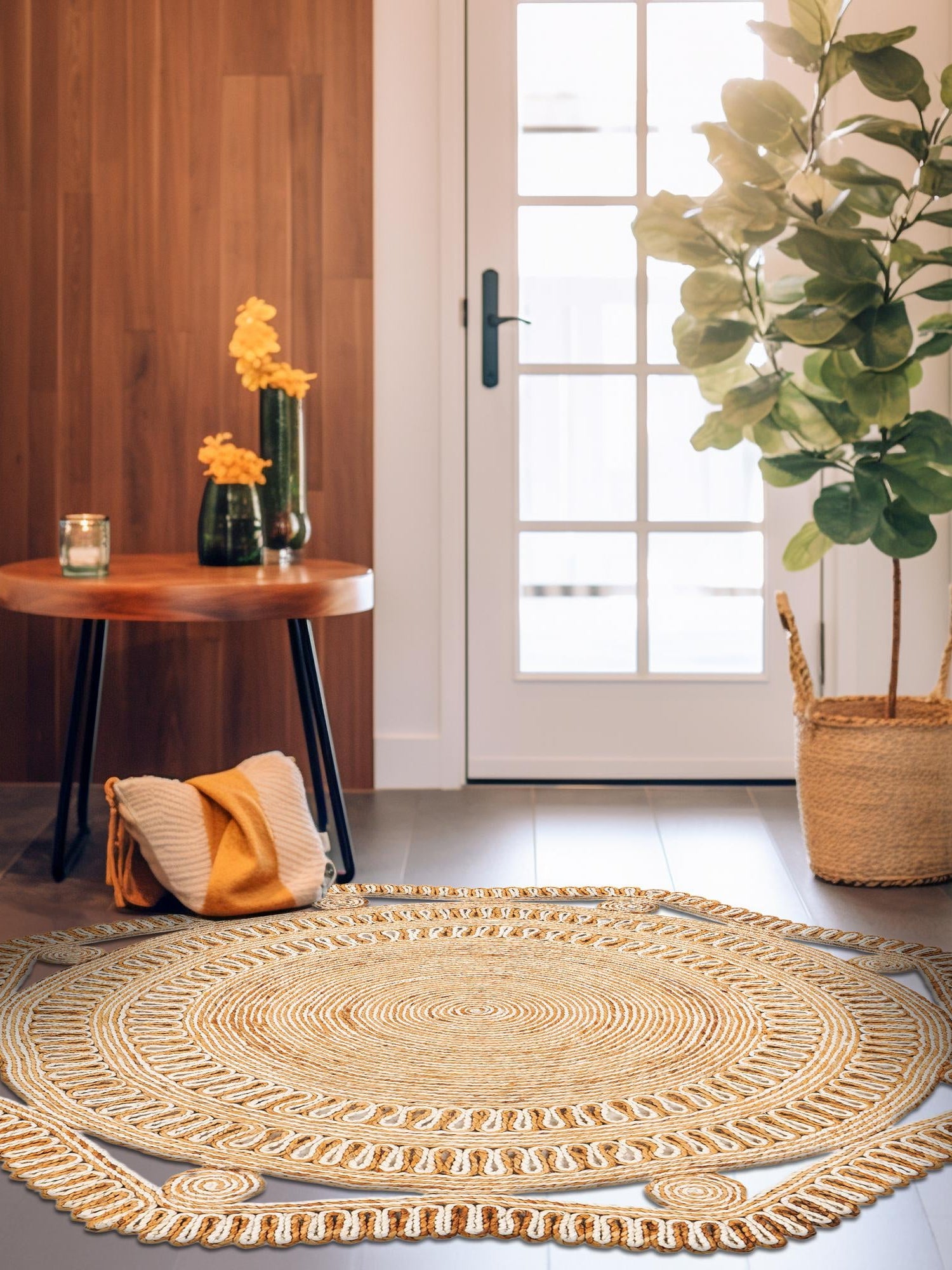 Natural and White 5' 1 x 5' 1 Braided Jute Round Area Rug 100% Jute Hand Braided Natural Eco-Friendly Boho Style Carpet for Living Rooms Dining Office Space Dorms for Sale at Rug Engine