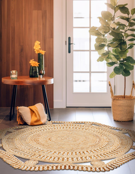 Natural and White 5' 1 x 5' 1 Braided Jute Round Rug