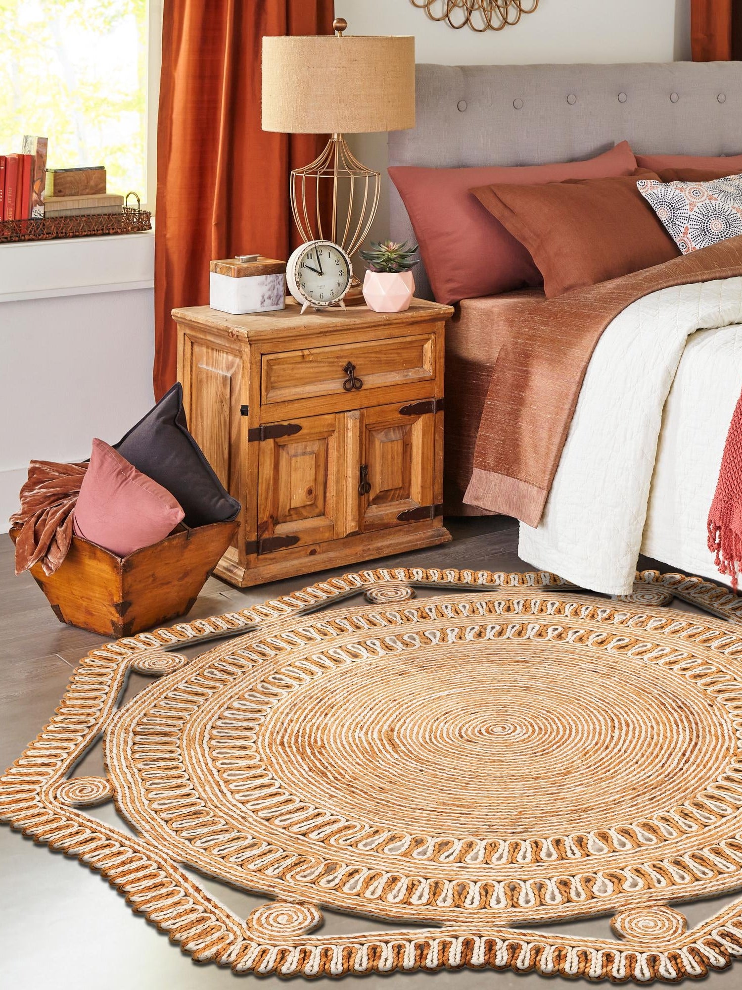 Natural and White 2' x 2' Braided Jute Round Area Rug 100% Jute Hand Braided Natural Eco-Friendly Boho Style Carpet for Living Rooms Dining Office Space Dorms for Sale at Rug Engine