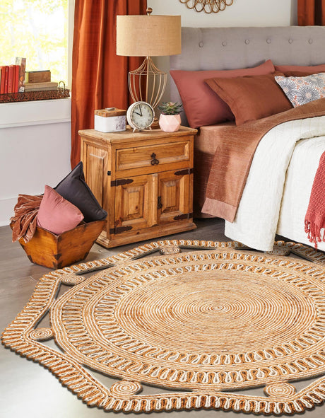 Natural and White 2' x 2' Braided Jute Round Area Rug 100% Jute Hand Braided Natural Eco-Friendly Boho Style Carpet for Living Rooms Dining Office Space Dorms for Sale at Rug Engine