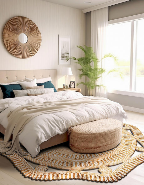 Natural and White 6' 1 x 6' 1 Braided Jute Round Area Rug 100% Jute Hand Braided Natural Eco-Friendly Boho Style Carpet for Living Rooms Dining Office Space Dorms for Sale at Rug Engine